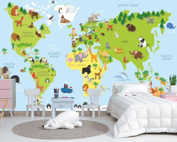 Tapeta dla dzieci mapa świata zwierzęta