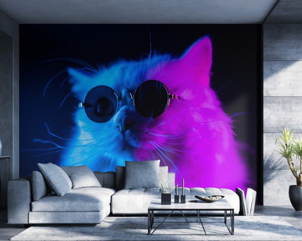 Fototapeta do pokoju młodzieżowego Kot w okularach w odcieniach fioletu i niebieskiego